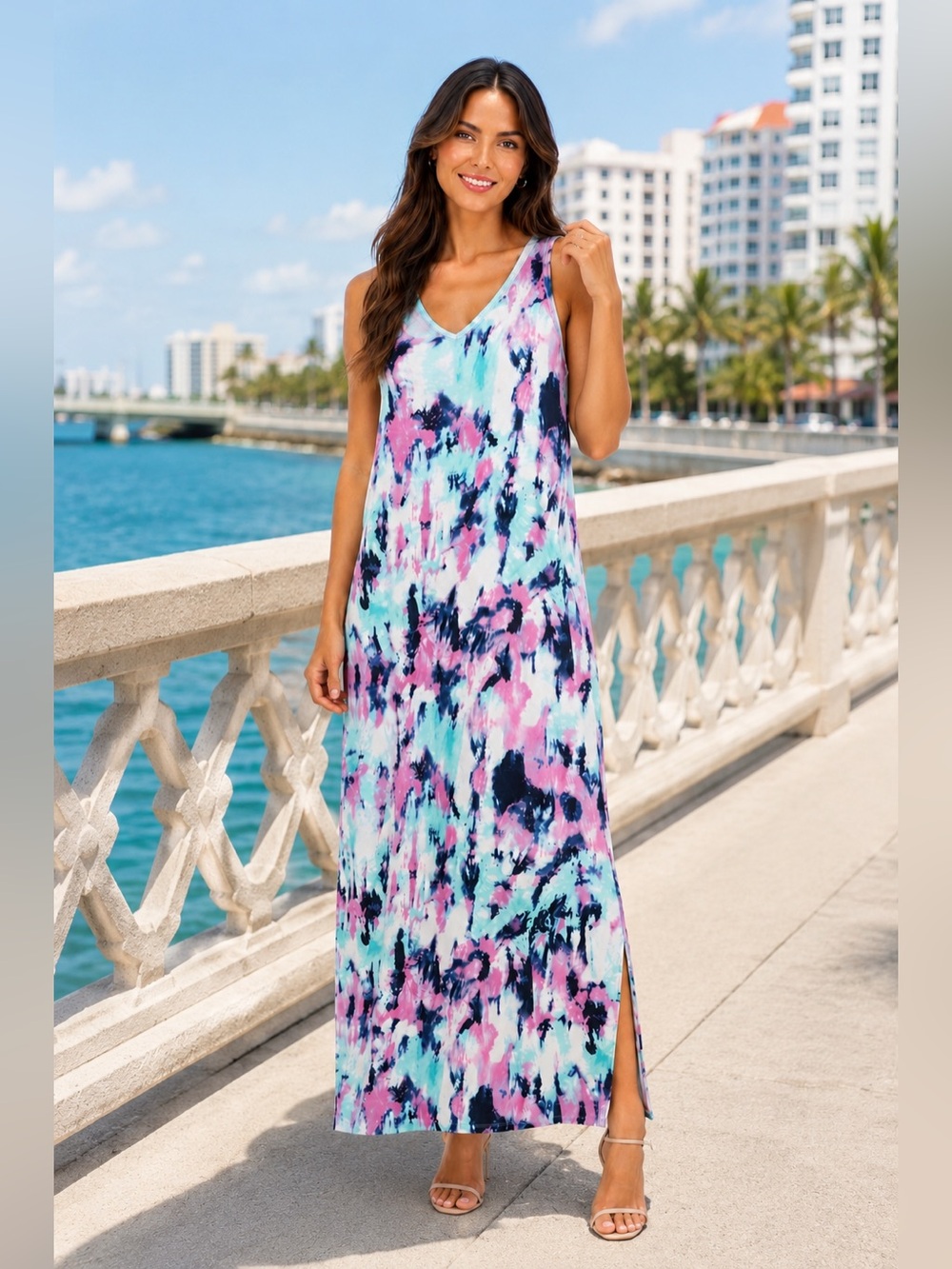 Nina Leonard Tie-Dye V-Neck Maxi Dress